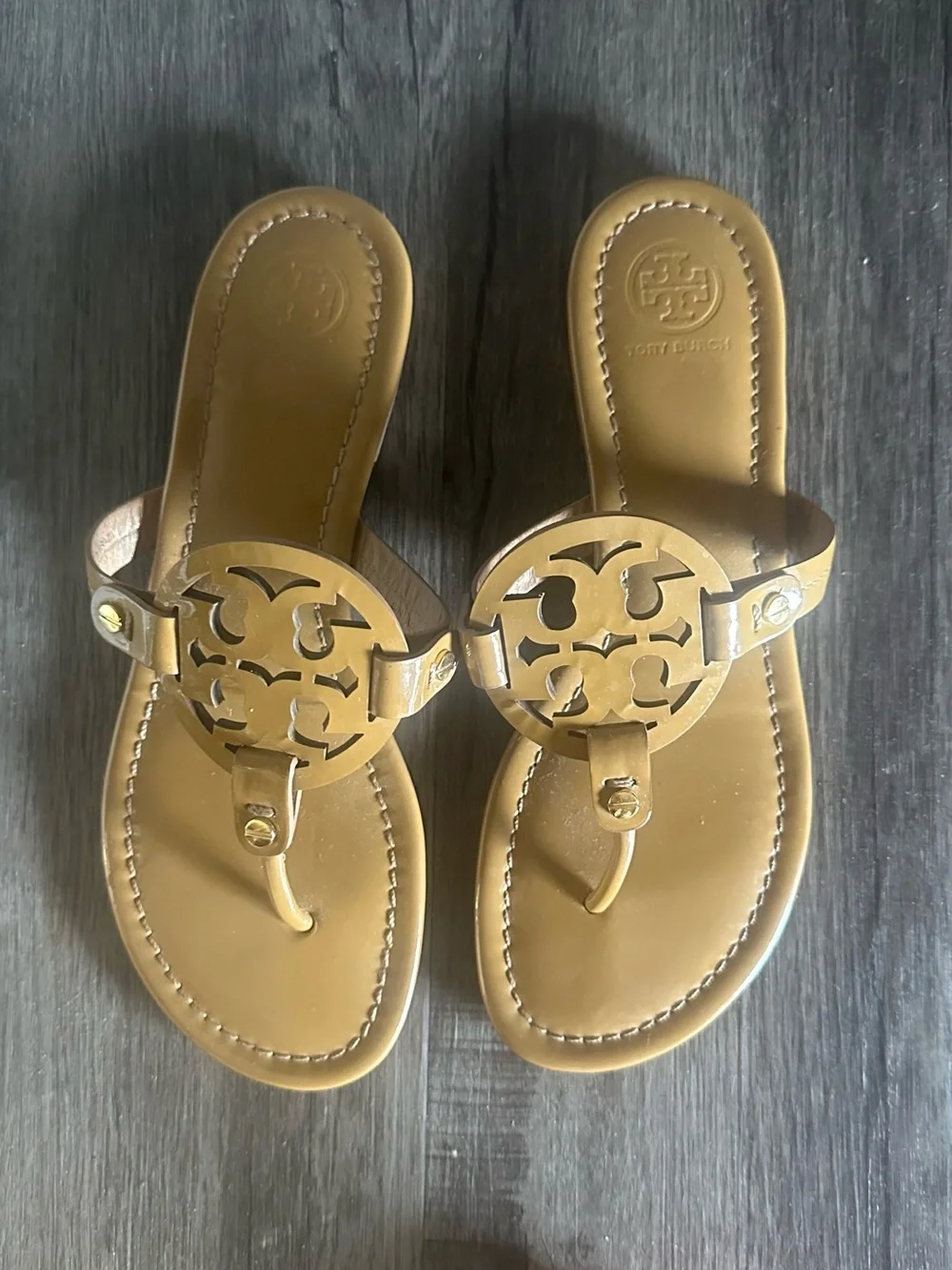 Tory Burch Miller Patent Leather Thong Sandals - Sand Color